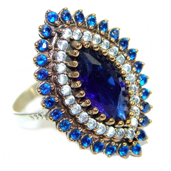 Created Blue Sapphire & White topaz Sterling Silver Ring s. 8 1/4