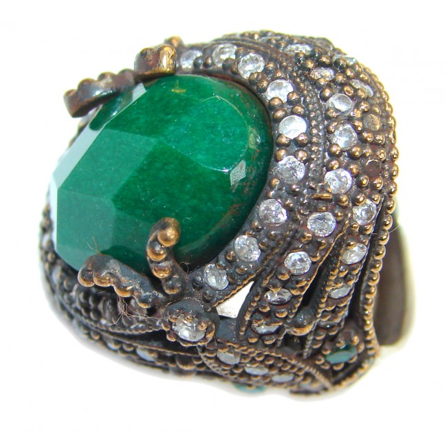 Victorian Style created Emerald & White Topaz Sterling Silver Ring s. 7 1/4