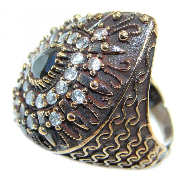 Large Victorian Style Onyx & White Topaz Sterling Silver ring; s. 7