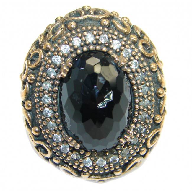Large Victorian Style Onyx & White Topaz Sterling Silver ring; s. 7 1/4