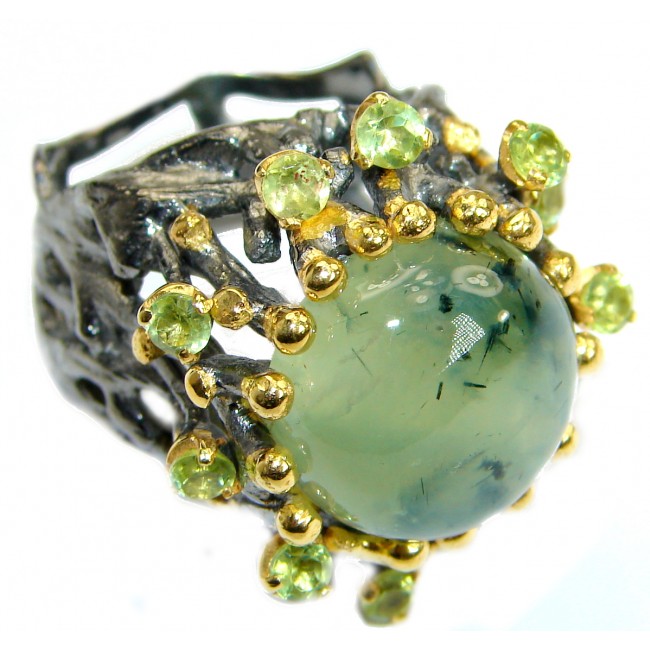 Supernova Green Moss Prehnite 14K Gold Rhodium over .925Sterling Silver handcrafted ring; s. 7
