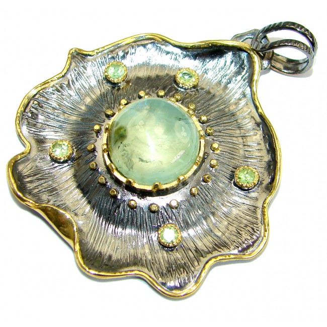 Vintage Design Prehnite 14K Gold Rhodium over .925 Sterling Silver handmade pendant