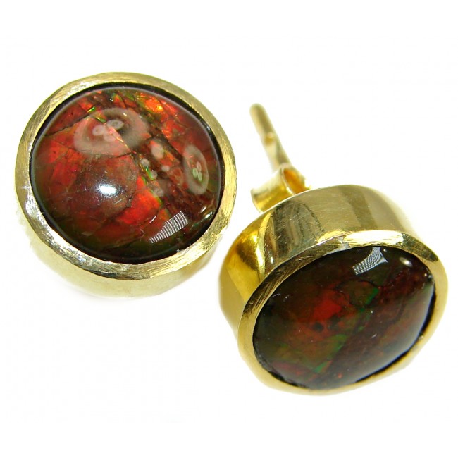 Red Aura Fire Ammolite gold over .925 Sterling Silver handmade 5 mm stud earrings
