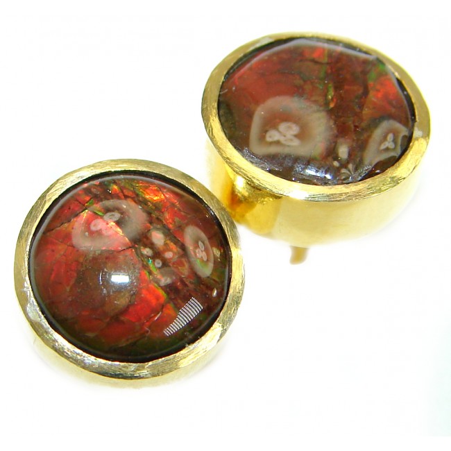 Red Aura Fire Ammolite gold over .925 Sterling Silver handmade 5 mm stud earrings