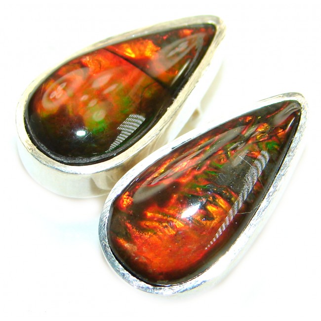 Red Aura Fire Ammolite gold over .925 Sterling Silver handmade stud earrings