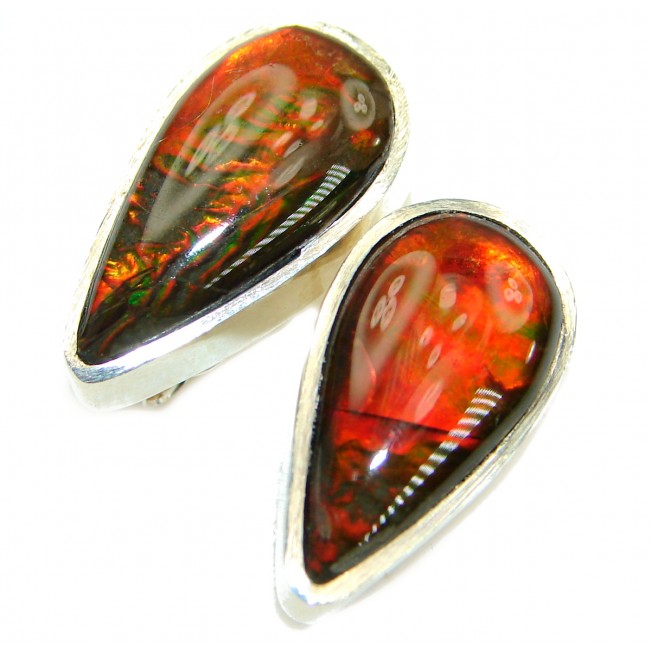 Red Aura Fire Ammolite gold over .925 Sterling Silver handmade stud earrings