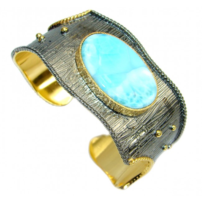 Genuine Blue Larimar 14K Gold Rhodium over .925 Sterling Silver handmade Bracelet Cuff