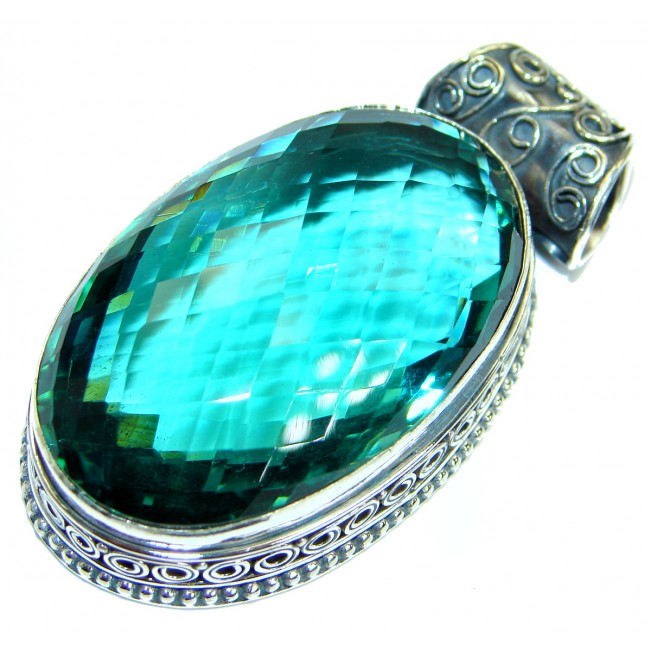 Large Vintage Style Emerald color Quartz .925 Sterling Silver Pendant