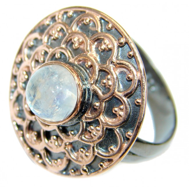 Fire Moonstone Gold Rhodium over .925 Sterling Silver handcrafted ring size 8 adjustable