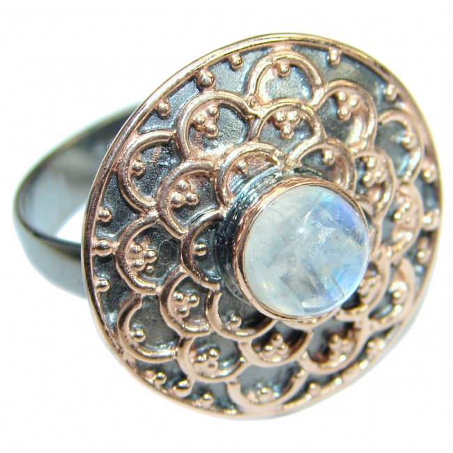 Fire Moonstone Gold Rhodium over .925 Sterling Silver handcrafted ring size 8 adjustable