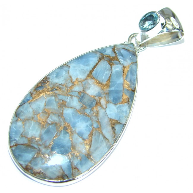 Genuine crashed Aquamarine with copper vains .925 Sterling Silver handmade Pendant