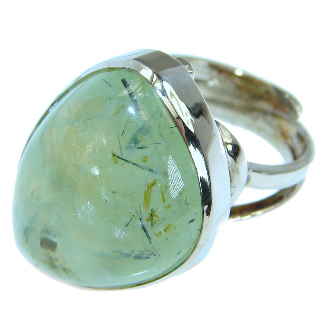 Green Moss Prehnite .925 Sterling Silver handcrafted ring; s. 7 adjustable