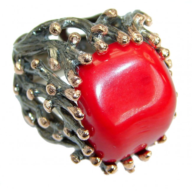 Natural Fossilized Coral two tones .925 Sterling Silver handmade ring s. 7