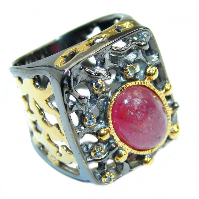 Large Authentic Ruby 14K Gold Rhodium over .925 Sterling Silver ring; s. 8