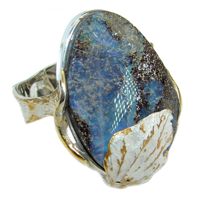 Rustic Design Australian Boulder Opal .925 Sterling Silver handcrafted ring size 9