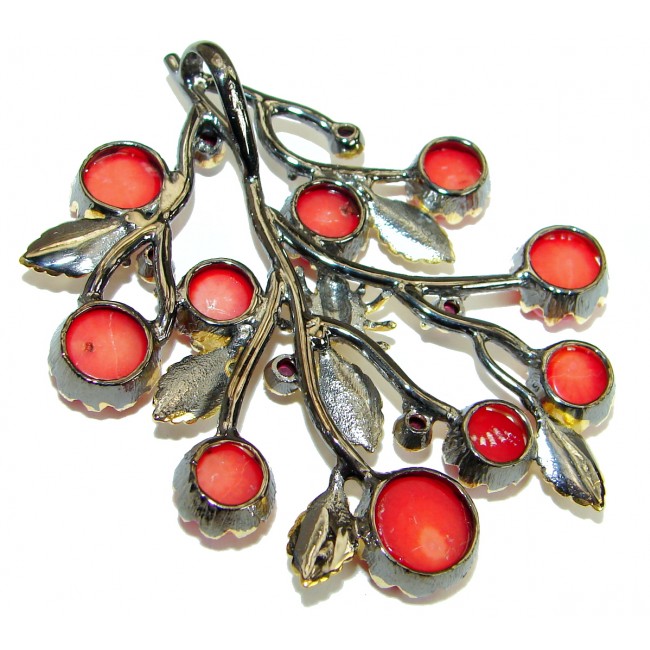 Huge Authentic Red Fossilized Coral 14 K Gold Rhodium over .925 Coral Sterling Silver handmade pendant