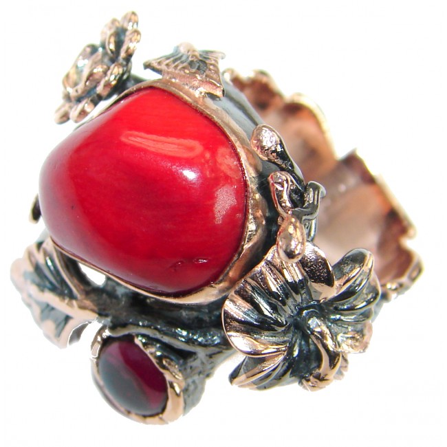 Natural Fossilized Coral two tones .925 Sterling Silver handmade ring s. 6