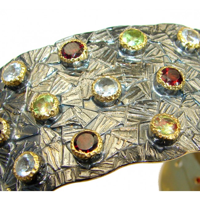 Real Treasure genuine Multigem 14K Gold Rhodium over .925 Sterling Silver handcrafted Bracelet / Cuff