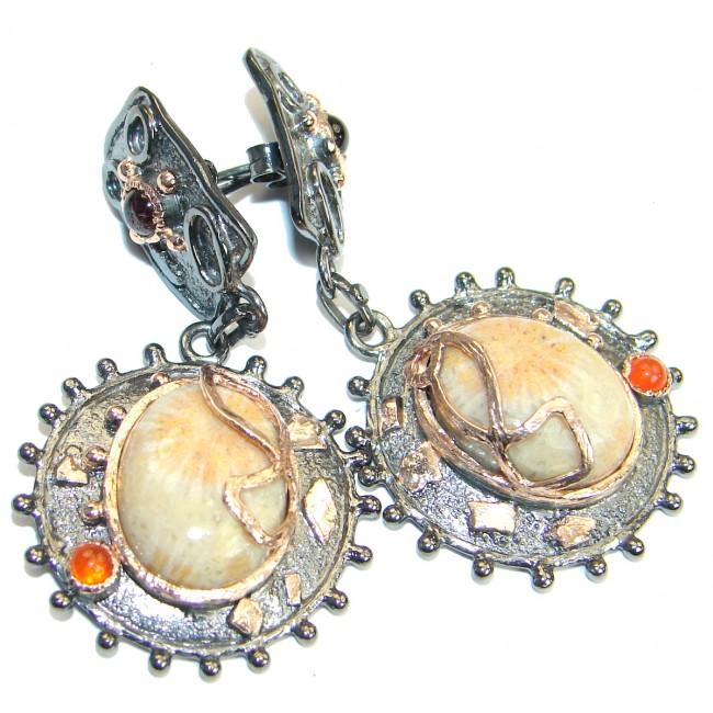 Genuine Fossilized Coral Rose Gold Rhodium over .925 Sterling Silver handmade earrings