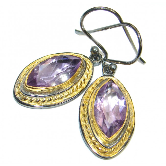 Floral Design Authentic Amethyst Gold Rhodium over .925 Sterling Silver handmade earrings