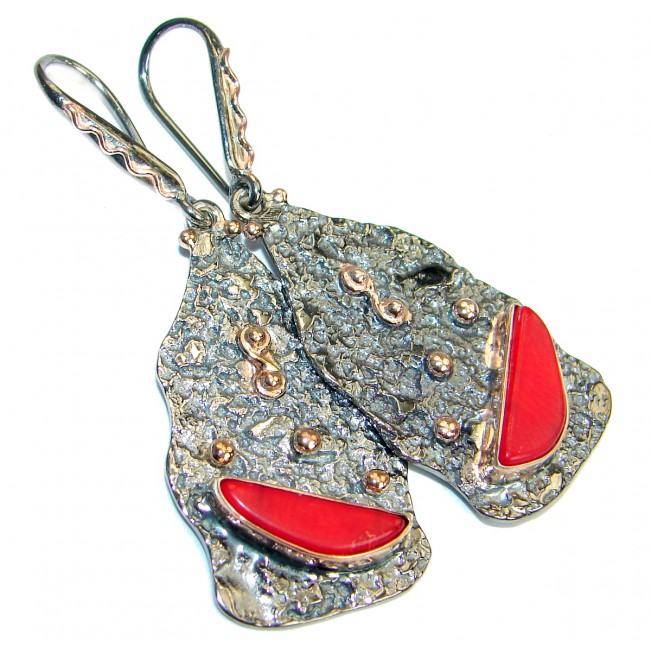 Bohemian Style Genuine Red Fossilized Coral .925 Sterling Silver handmade earrings