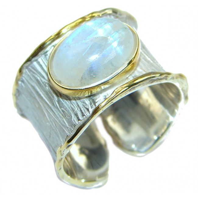 Fire Moonstone 18 K Gold over .925 Sterling Silver handcrafted ring size 10 adjustable