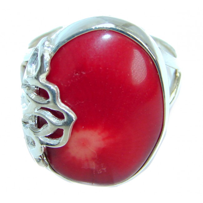 Natural Fossilized Coral two tones .925 Sterling Silver handmade ring s. 7 adjustable