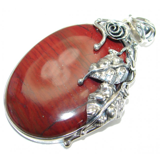 Fabulous Floral Design Red Jasper oxidized .925 Sterling Silver handmade Pendant