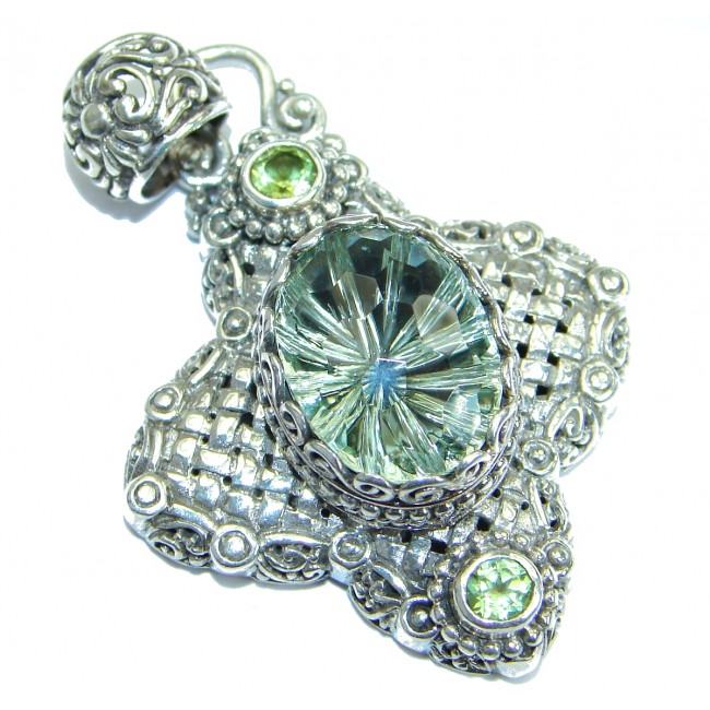 Rich Design Natural Prasiolite- Green Amethyst .925 Sterling Silver handmade Pendant