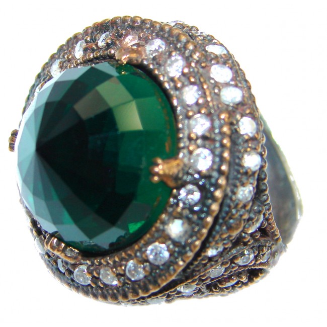 Victorian Style created Emerald & White Topaz Sterling Silver Ring s. 6 3/4