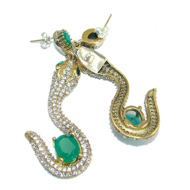 Victorian Style! Snakes Emerald & White Topaz .925 Sterling Silver earrings