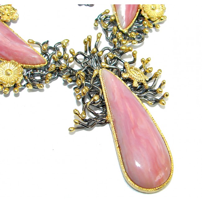 Bohemian Style Argentinian Pink Opal 18K Gold over . 925 Sterling Silver handcrafted necklace