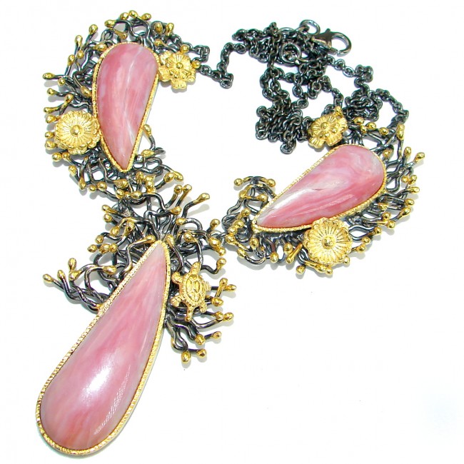 Bohemian Style Argentinian Pink Opal 18K Gold over . 925 Sterling Silver handcrafted necklace
