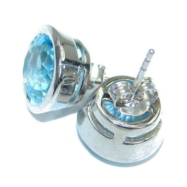 Deluxe genuine Swiss Blue Topaz 15 mm .925 Sterling Silver stud earrings