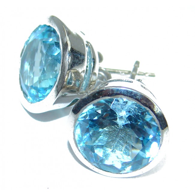 Deluxe genuine Swiss Blue Topaz 15 mm .925 Sterling Silver stud earrings