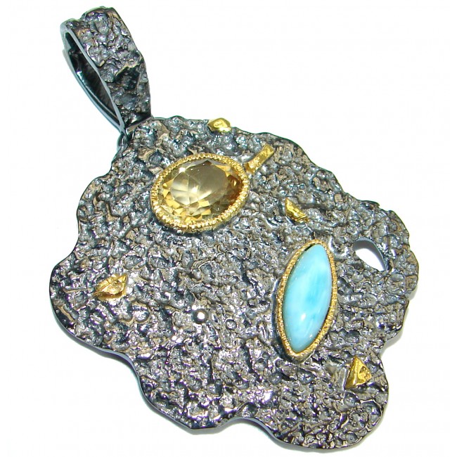 Blue Treasure genuine Larimar Rhodium over .925 Sterling Silver handmade pendant
