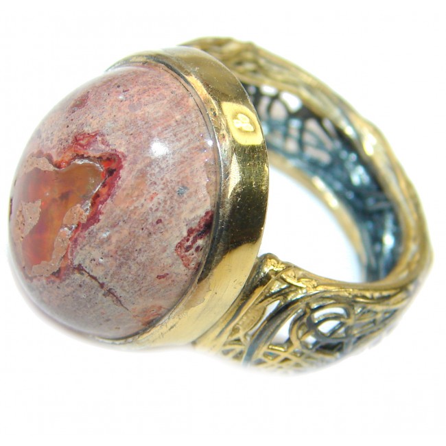 Vintage Beauty Mexican Opal Gold over oxidized .925 Sterling Silver handcrafted ring size 8 3/4