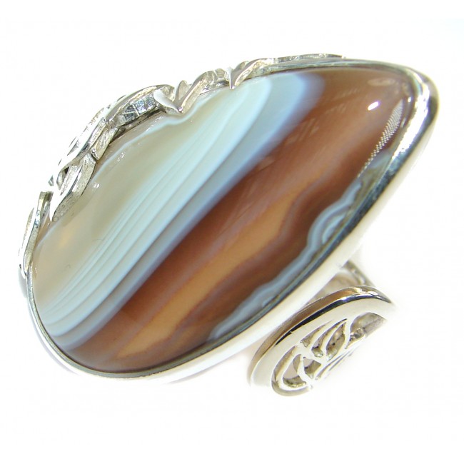 Genuine Botswana Agate two tones .925 Sterling Silver handmade Ring Size 7 adjustable