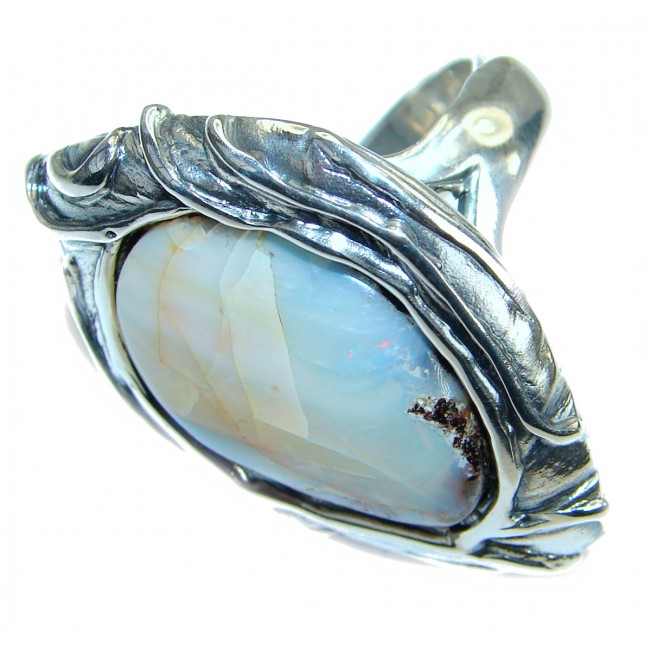 Genuine Boulder Opal .925 Sterling Silver handmade Ring Size 7 adjustable