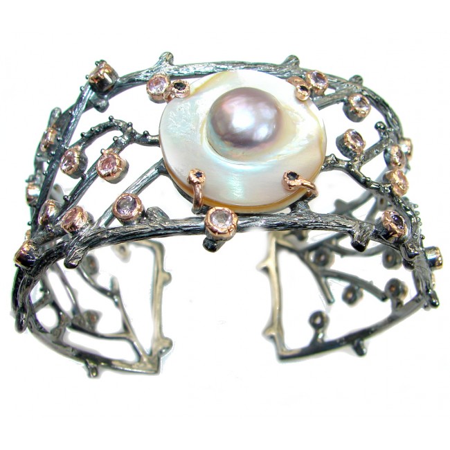 Outstanding Mother of Pearl Rose Gold Rhodium .925 Sterling Silver handcrafted Bracelet / Cuff