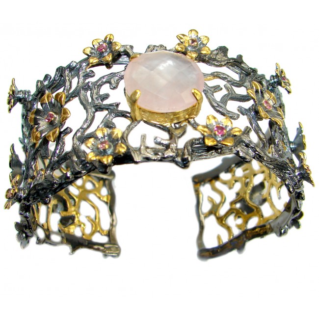 Outstanding Rose Quartz 14 K Gold Rhodium .925 Sterling Silver handcrafted Bracelet / Cuff