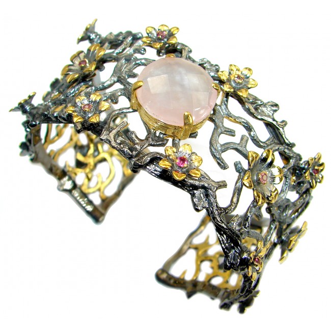 Outstanding Rose Quartz 14 K Gold Rhodium .925 Sterling Silver handcrafted Bracelet / Cuff