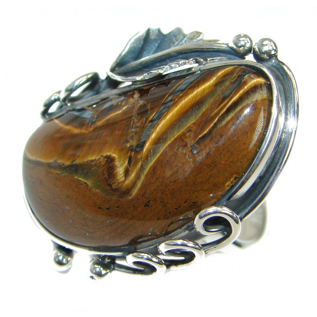 Bold Golden Tigers Eye .925 Sterling Silver handmade ring s. 7 adjustable
