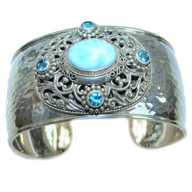 Large Genuine Blue Larimar Oxidized .925 Sterling Silver handmade Bracelet Cuff