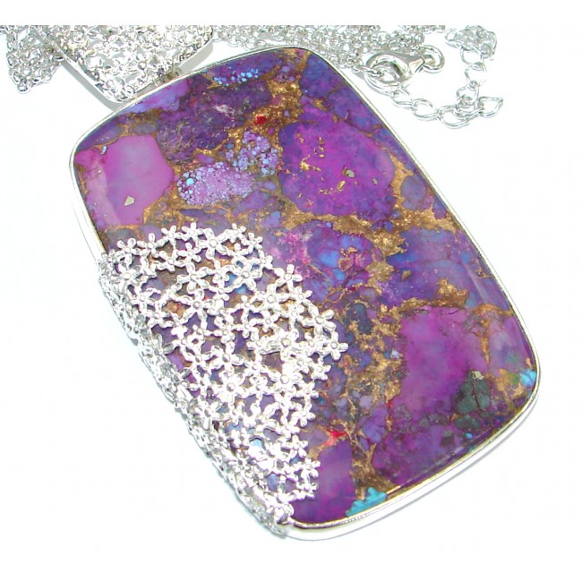 Very Chunky Purple Turquoise with copper vains .925 Sterling Silver handmade Necklace