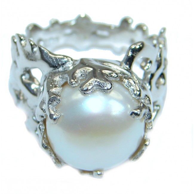 White Fresh water Pearl Rhodium over .925 Sterling Silver Ring s. 7