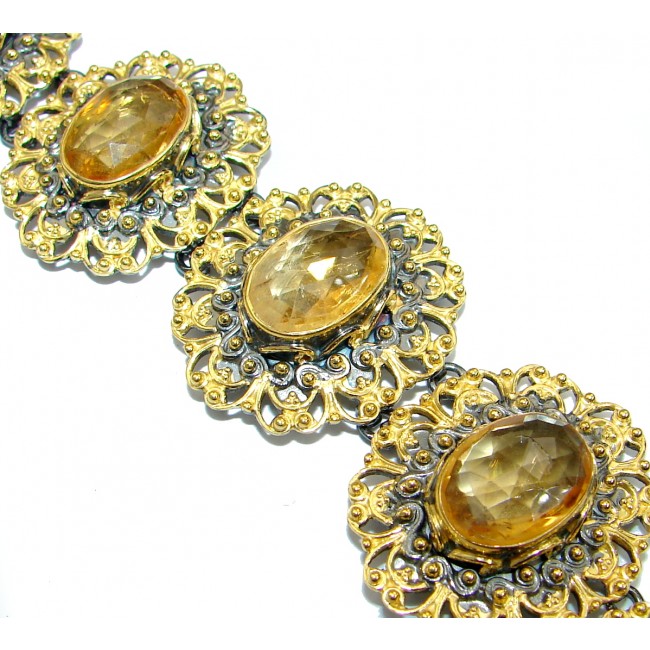 Rich Floral Design genuine Citrine 14K gold over .925 Sterling Silver handmade Bracelet