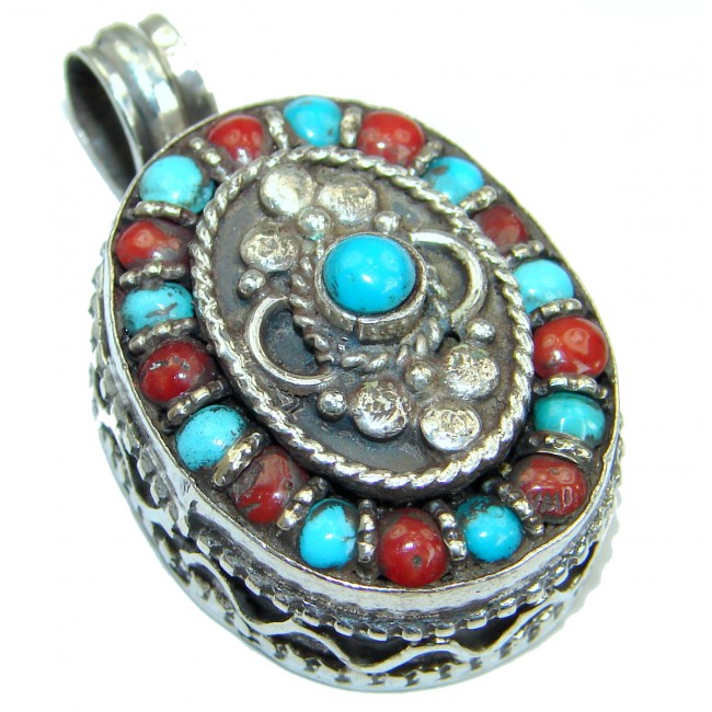 Genuine Turquoise Coral .925 Sterling Silver handcrafted Pendant