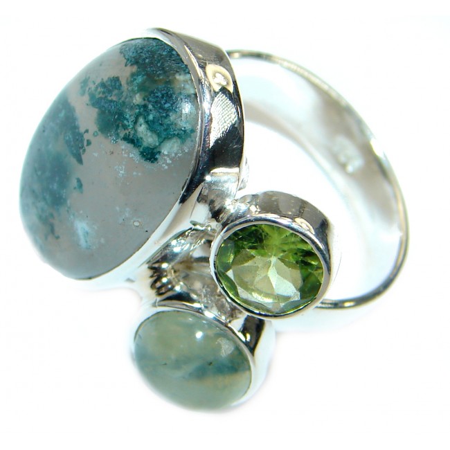 Natural Green Moss Agate .925 Sterling Silver handmade Cocktail Ring s. 6 adjustable
