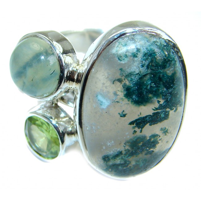 Natural Green Moss Agate .925 Sterling Silver handmade Cocktail Ring s. 6 adjustable